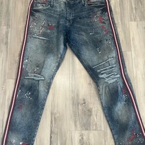 Jordan Graig Stylish Distressed Blue Jeans with Red Accents
